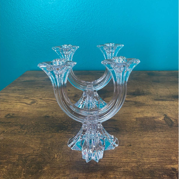 Pair of Clear Glass Art Deco Style Candelabra Candlestick Holders - Picture 5 of 10